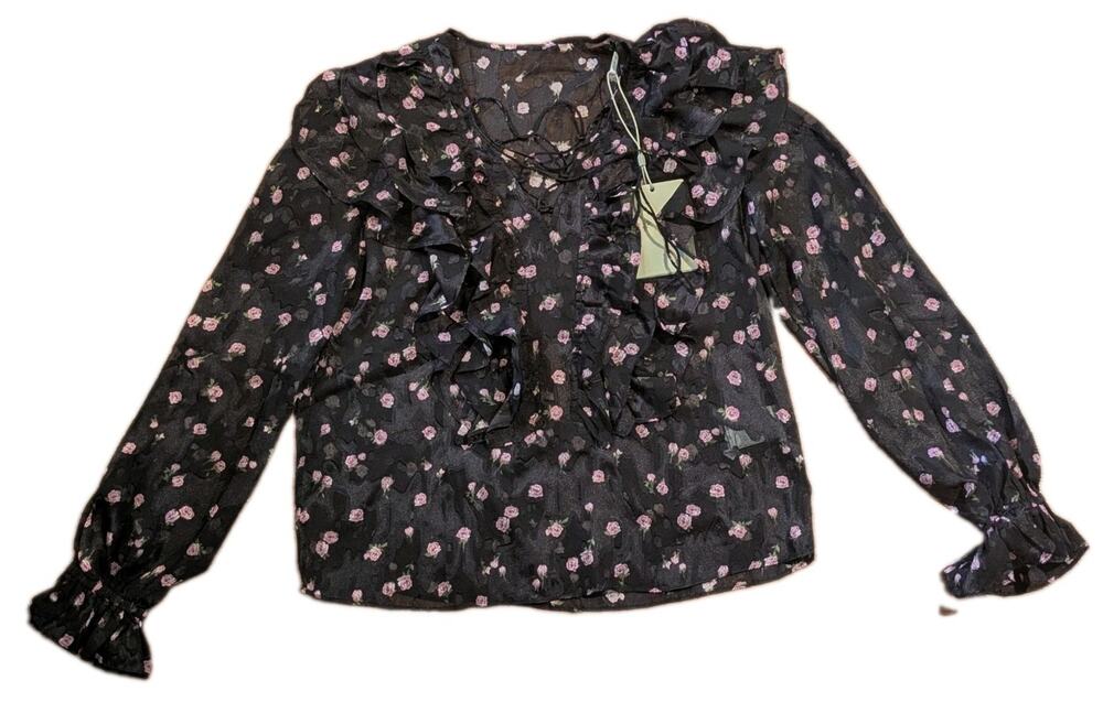 Miss Sixty Womens Blouse EUR M Black Pink Floral Ruffle Sheer Tie Neck NWT